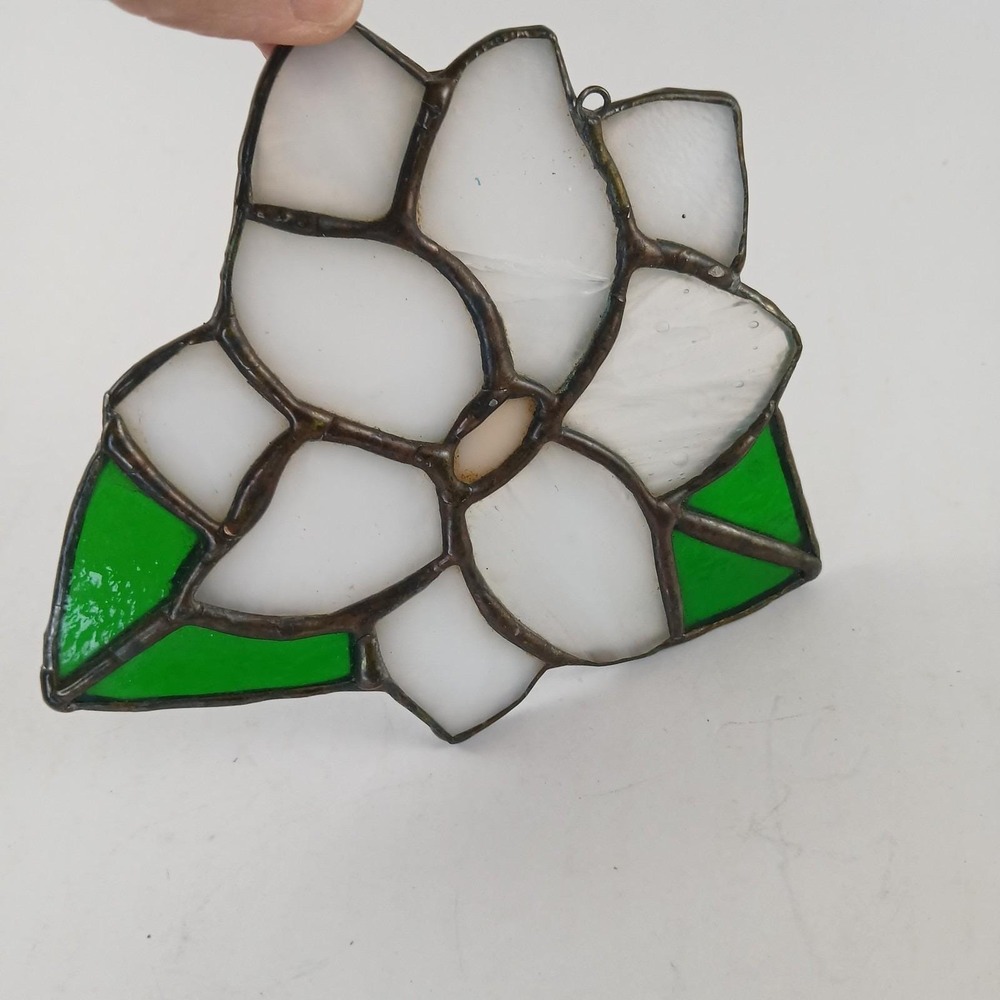 Stained Glass Flower Magnolia Sun Catcher White Green Botanical Window Art READ